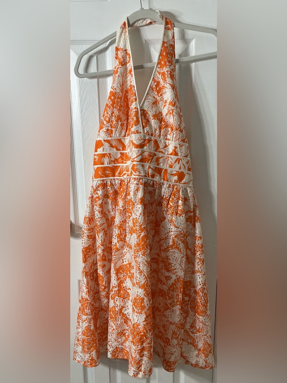 Kay Unger 100% Silk Orange White Eyelet Halter Midi Dress Size 12
